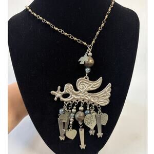 Vintage Silver Tone Flying Angel Artisan Made Charm Necklace 31in Native Large